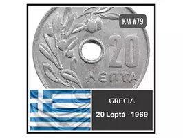 GRECIA MONEDA 20 Leptá 1969 - Rama Olivo - KM #79
